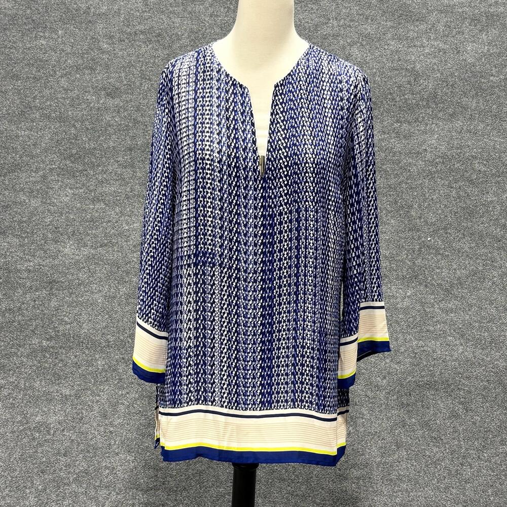 Violet + Claire Blouse Womens Large Blue Geometric V Neck Tunic Top 3/4 Sleeve